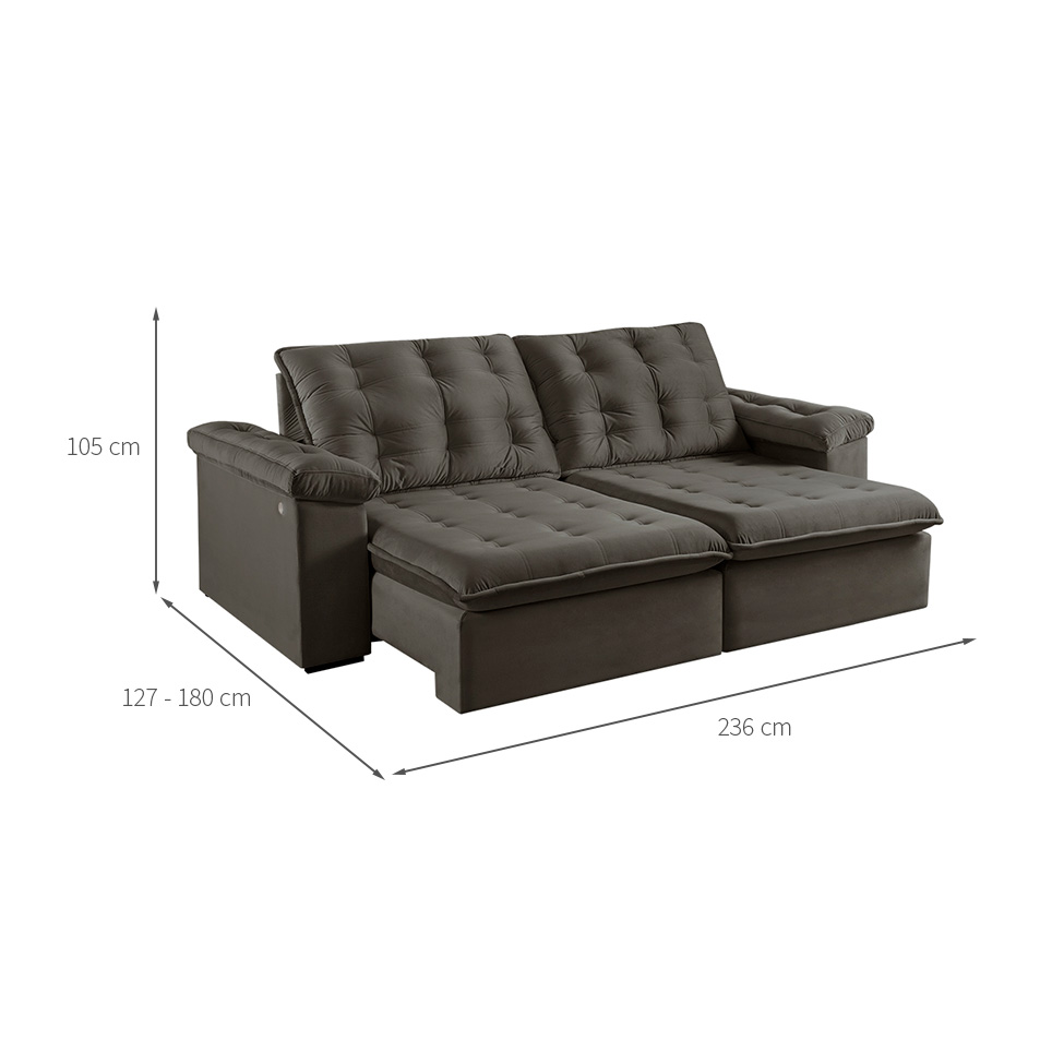 Sofá 3 Lugares Retrátil e Reclinável Itaguaí com USB Veludo Marrom 236 cm