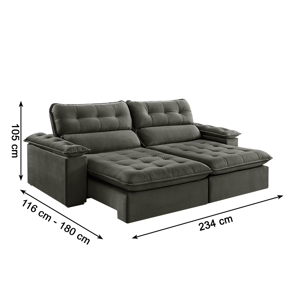 Sofá 3 Lugares Retrátil e Reclinável Jobi Veludo Cinza 234 cm