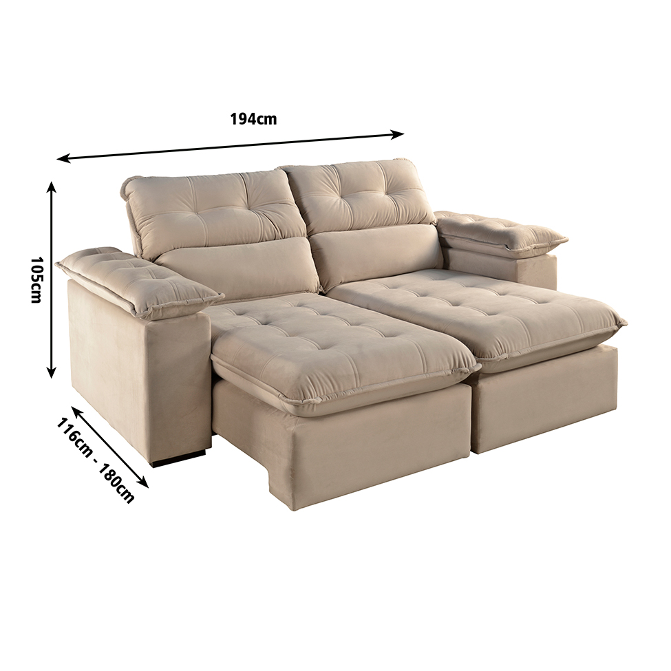 Sofá 3 Lugares Retrátil e Reclinável Jobi com USB Veludo Bege Natural 194 cm