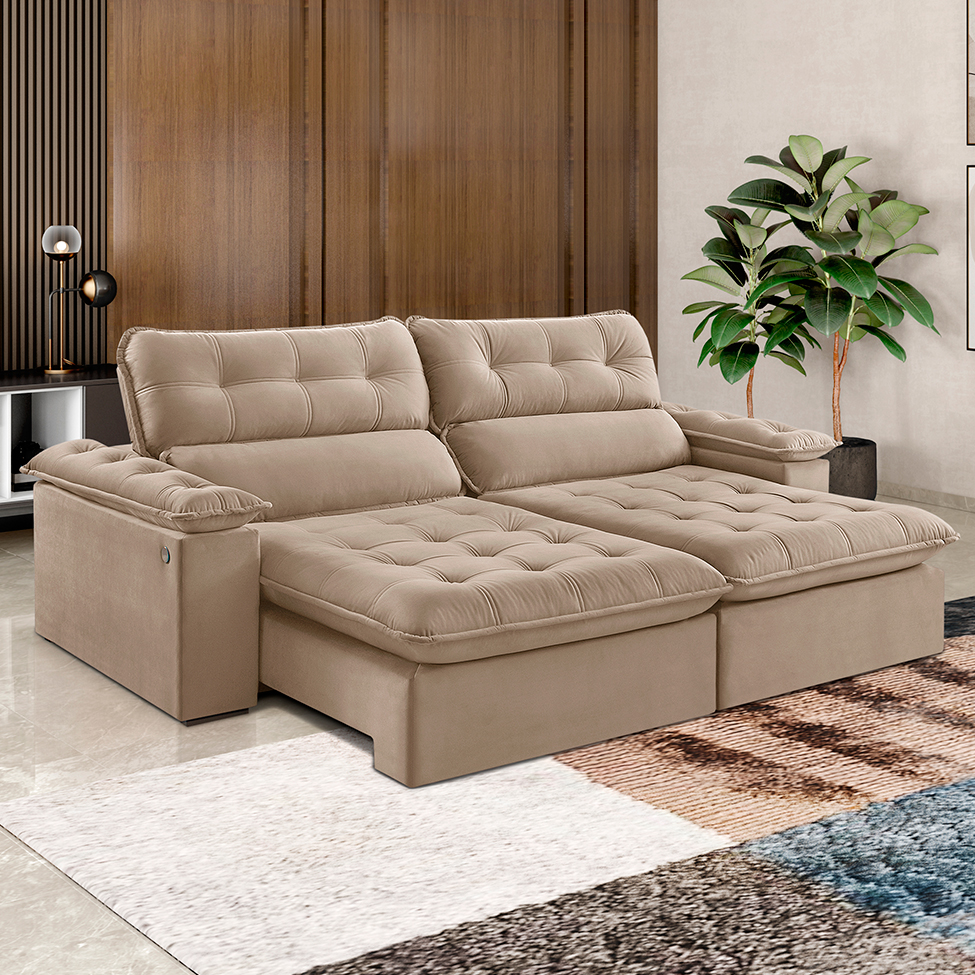 Sofá 3 Lugares Retrátil e Reclinável Jobi com USB Veludo Bege Natural 234 cm
