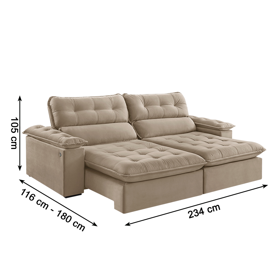 Sofá 3 Lugares Retrátil e Reclinável Jobi com USB Veludo Bege Natural 234 cm