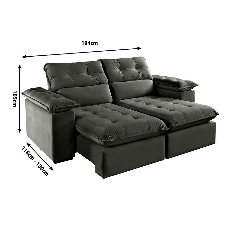 Sofá 3 Lugares Retrátil e Reclinável Jobi com USB Veludo Cinza 194 cm