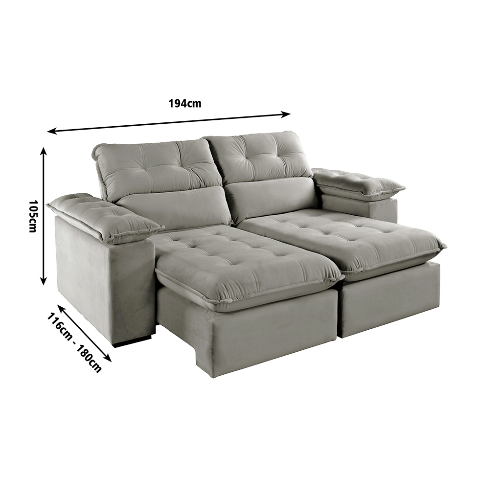 Sofá 3 Lugares Retrátil e Reclinável Jobi com USB Veludo Cinza Prateado 194 cm