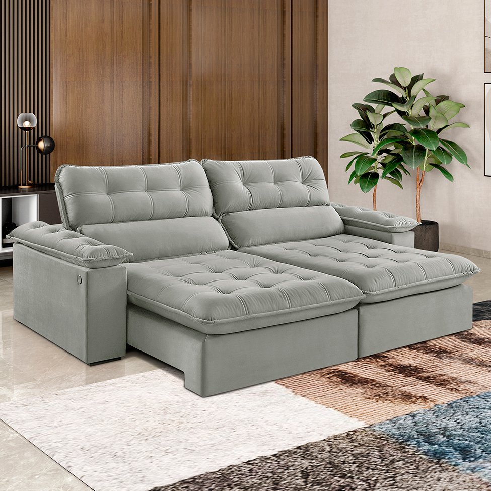 Sofá 3 Lugares Retrátil e Reclinável Jobi com USB Veludo Cinza Prateado 234 cm