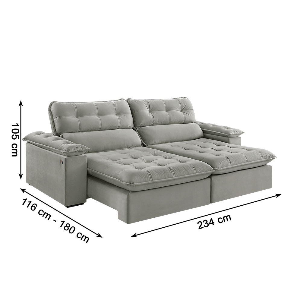 Sofá 3 Lugares Retrátil e Reclinável Jobi com USB Veludo Cinza Prateado 234 cm