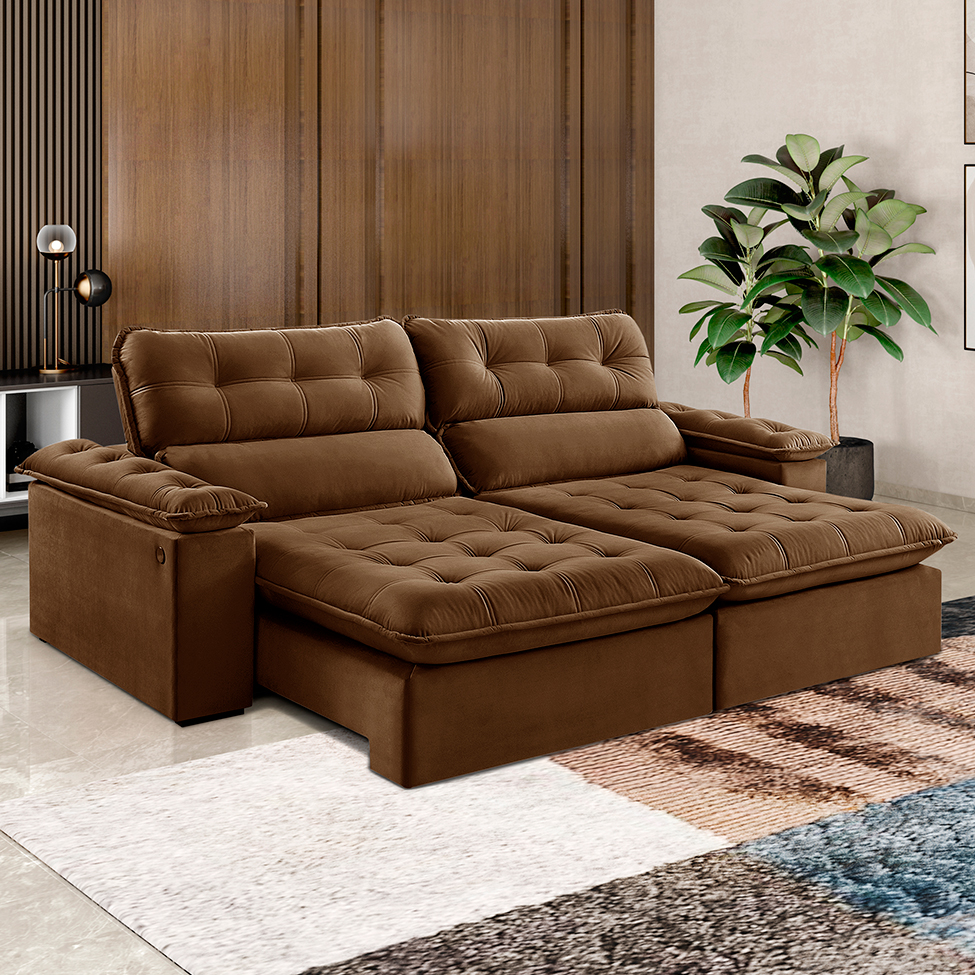 Sofá 3 Lugares Retrátil e Reclinável Jobi com USB Veludo Marrom 234 cm
