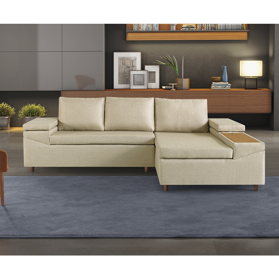 Sofá 4 Lugares Clássico com Chaise Direito  e Entrada USB Linho Bege Claro