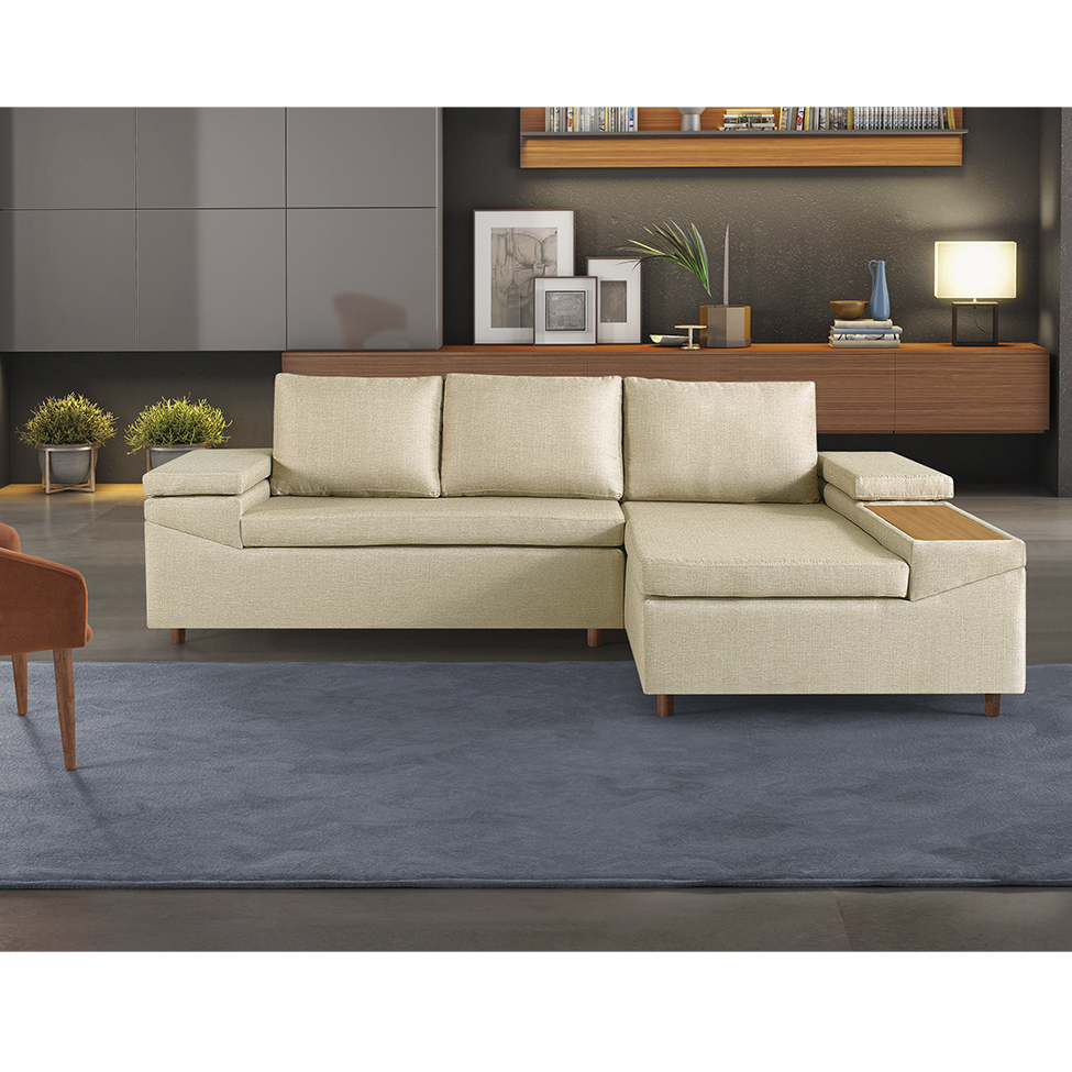 Sofá 4 Lugares Clássico com Chaise Direito Linho Bege Claro