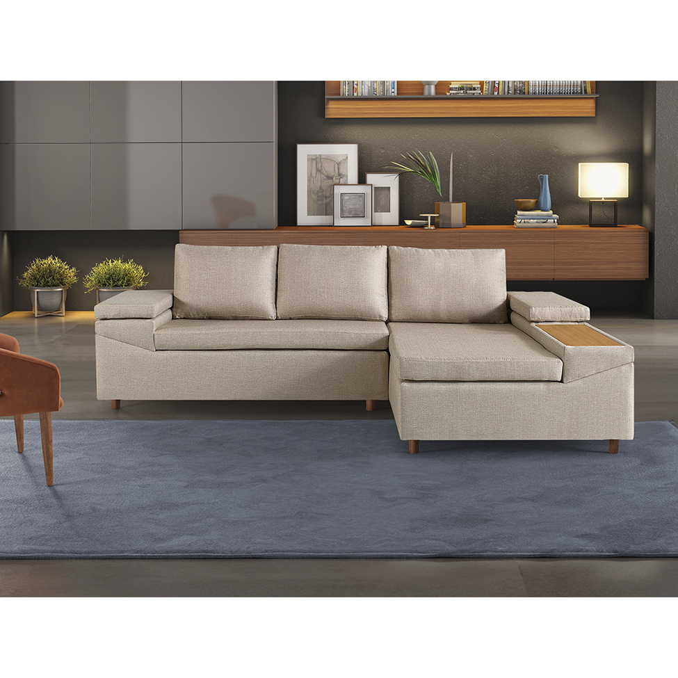 Sofá 4 Lugares Clássico com Chaise Direito Linho Caramelo