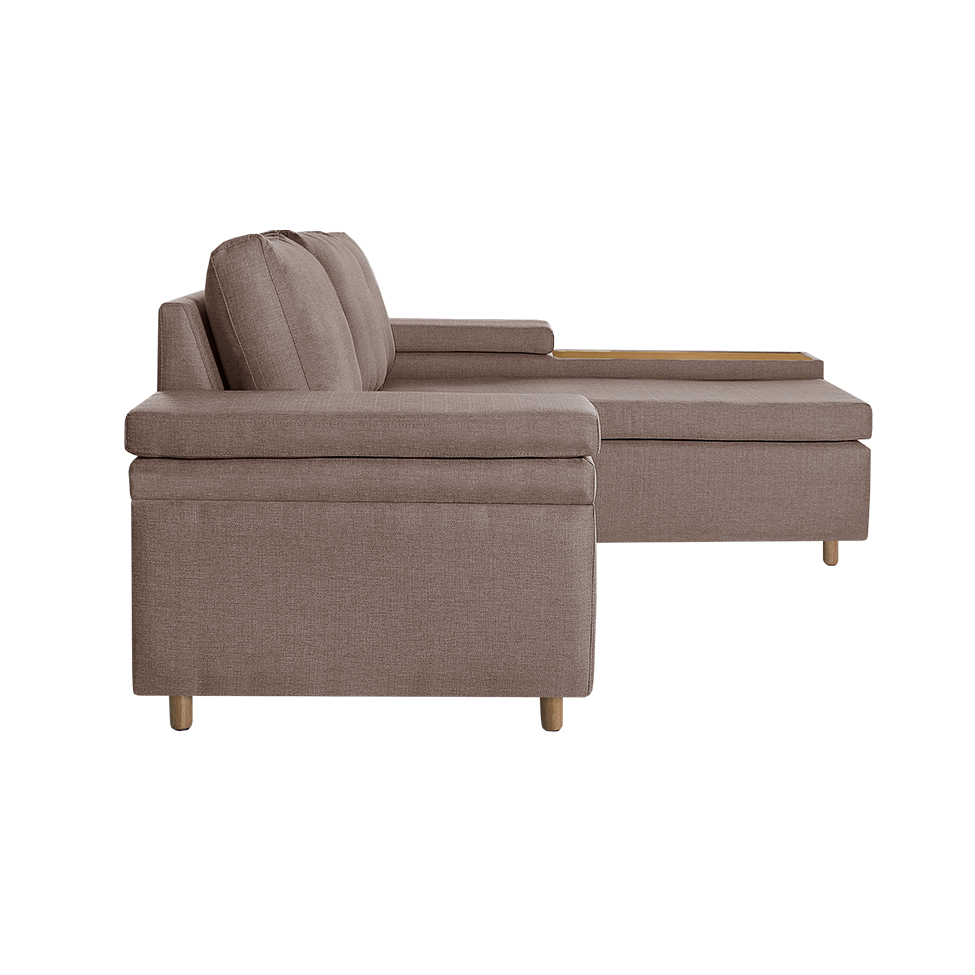 Sofá 4 Lugares Clássico com Chaise Direito Linho Marrom Médio