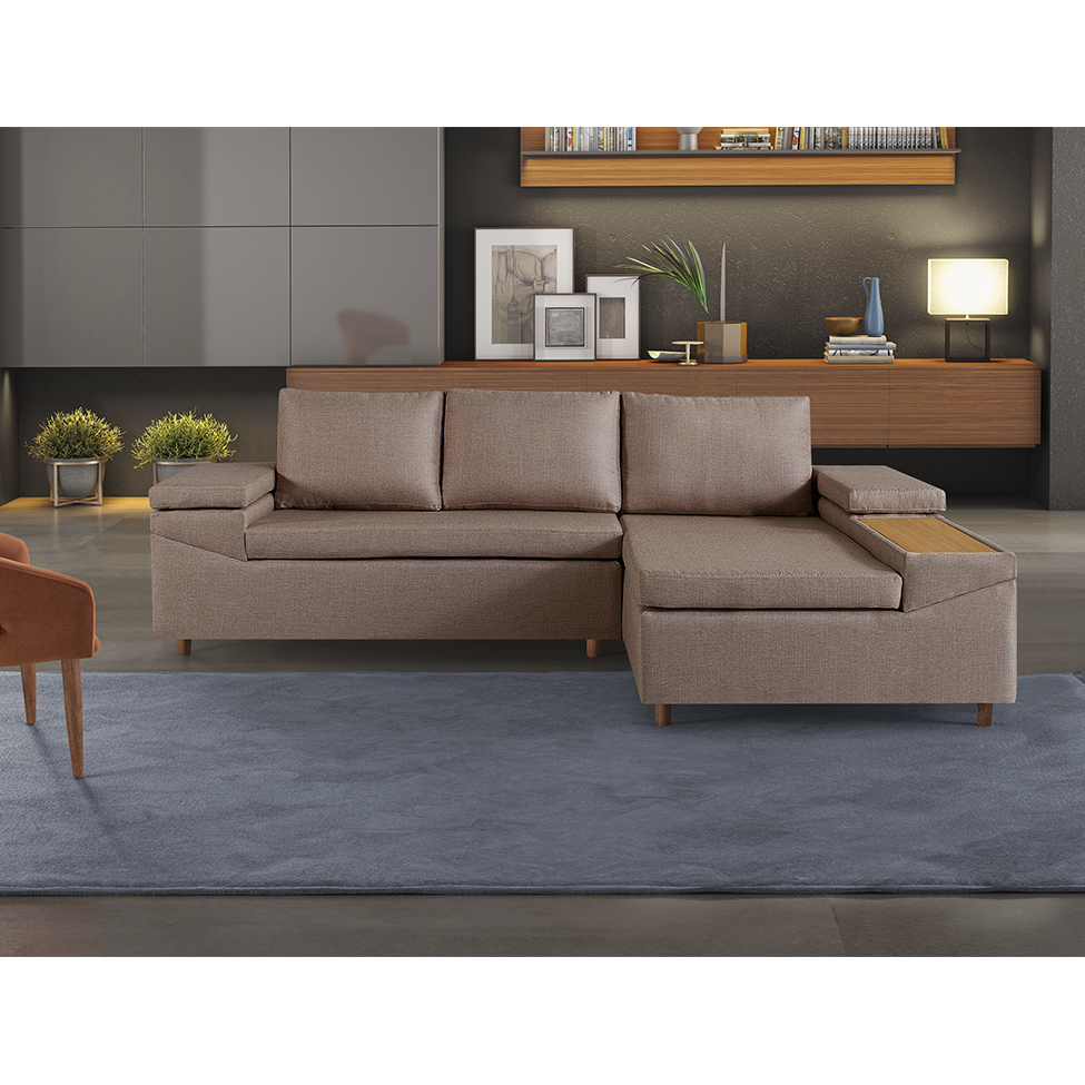 Sofá 4 Lugares Clássico com Chaise Direito Linho Marrom Médio