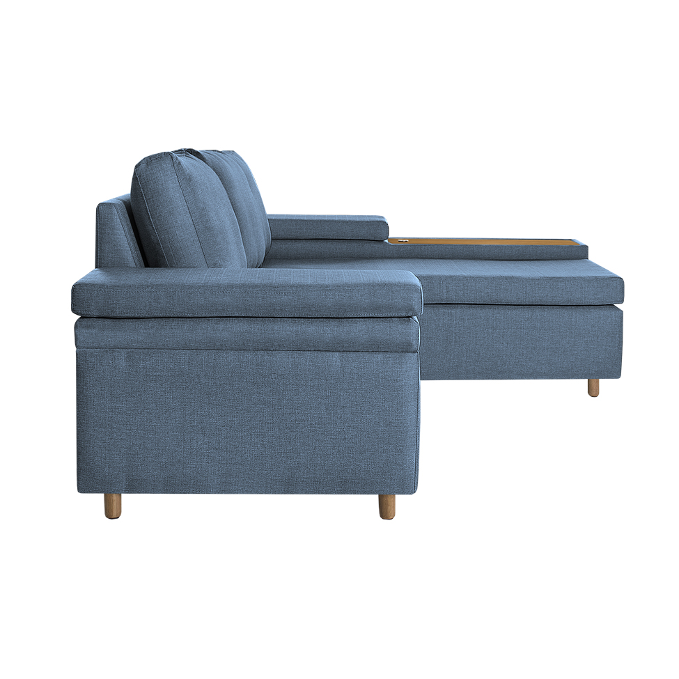 Sofá 4 Lugares Clássico com Chaise Direito e Entrada USB Linho Azul