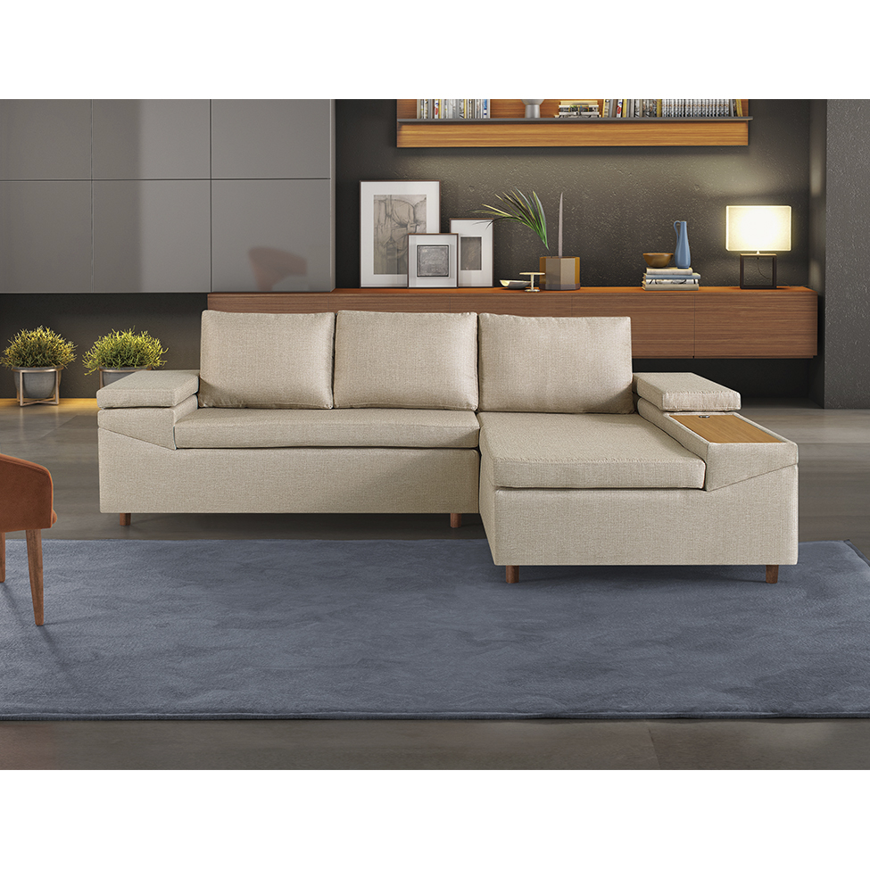 Sofá 4 Lugares Clássico com Chaise Direito e Entrada USB Linho Bege