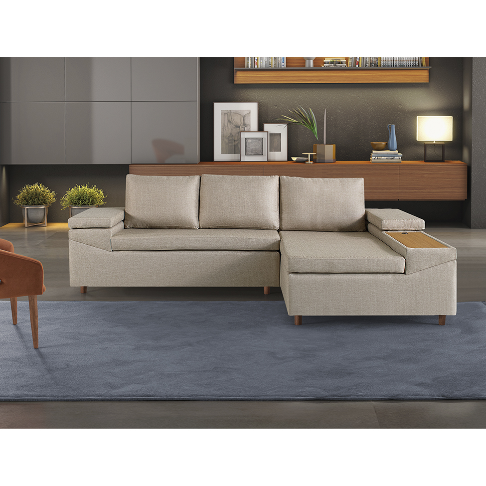 Sofá 4 Lugares Clássico com Chaise Direito e Entrada USB Linho Caramelo