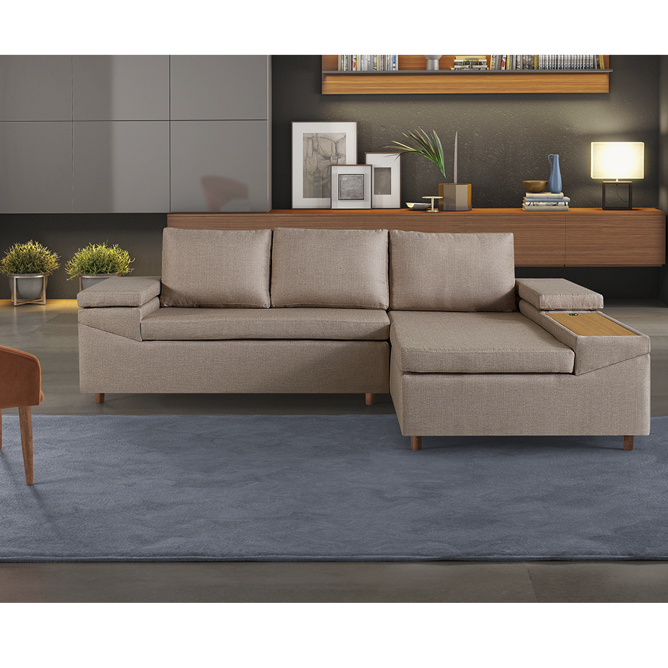 Sofá 4 Lugares Clássico com Chaise Direito e Entrada USB Linho Cobre