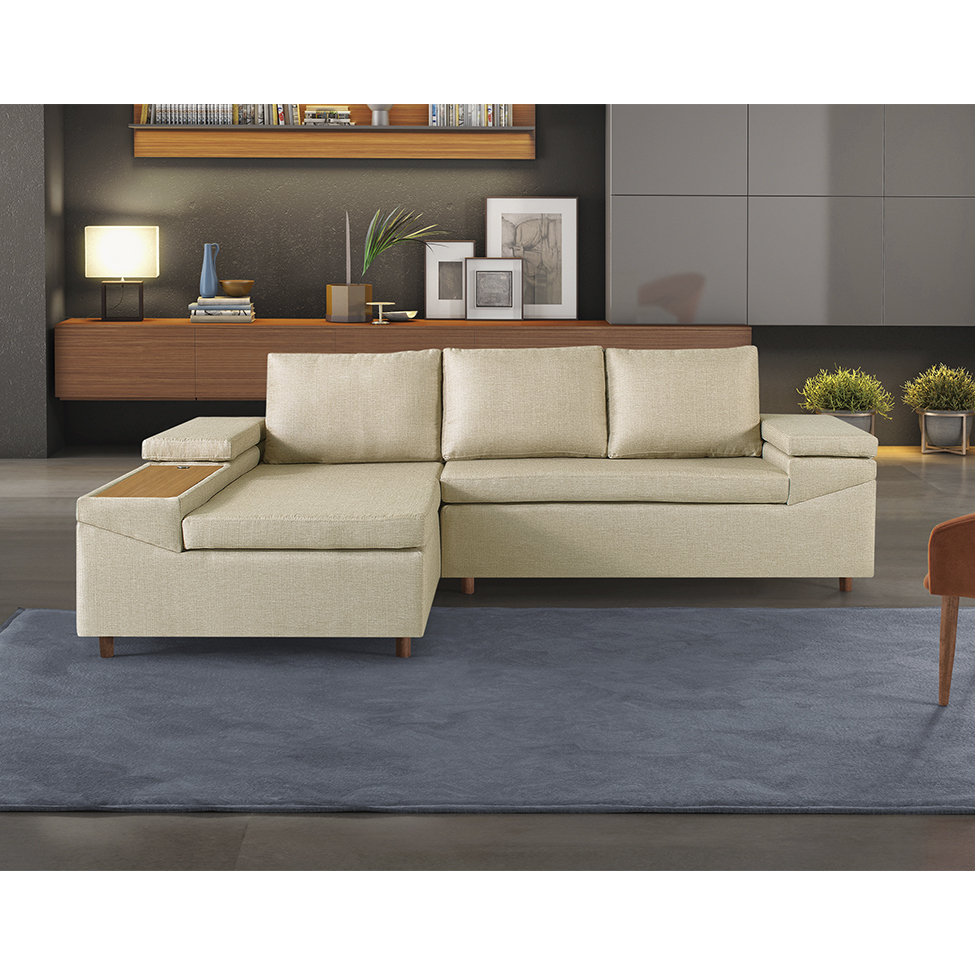Sofá 4 Lugares Clássico com Chaise Esquerdo  e Entrada USB Linho Bege Claro