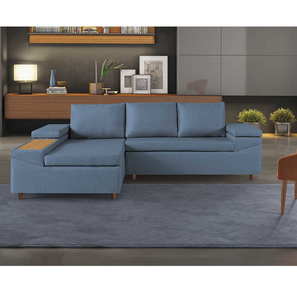Sofá 4 Lugares Clássico com Chaise Esquerdo Linho Azul