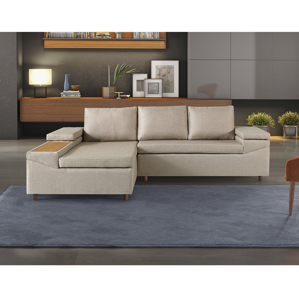 Sofá 4 Lugares Clássico com Chaise Esquerdo Linho Caramelo