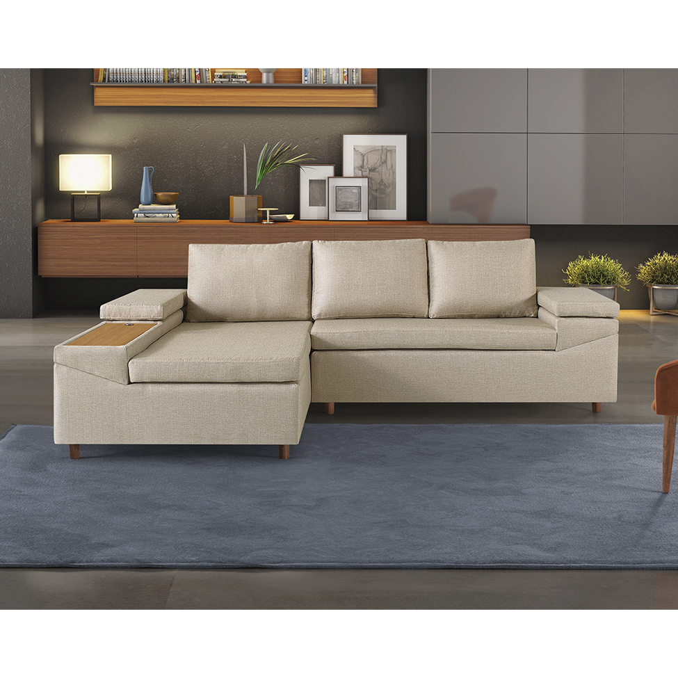 Sofá 4 Lugares Clássico com Chaise Esquerdo e Entrada USB Linho Bege
