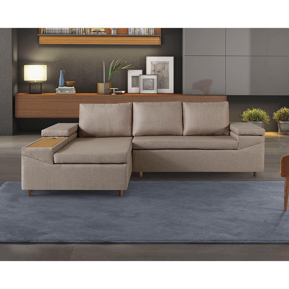 Sofá 4 Lugares Clássico com Chaise Esquerdo e Entrada USB Linho Cobre