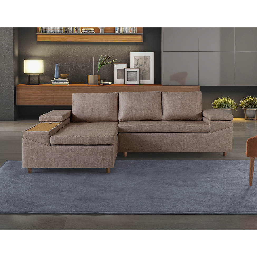 Sofá 4 Lugares Clássico com Chaise Esquerdo e Entrada USB Linho Marrom Médio