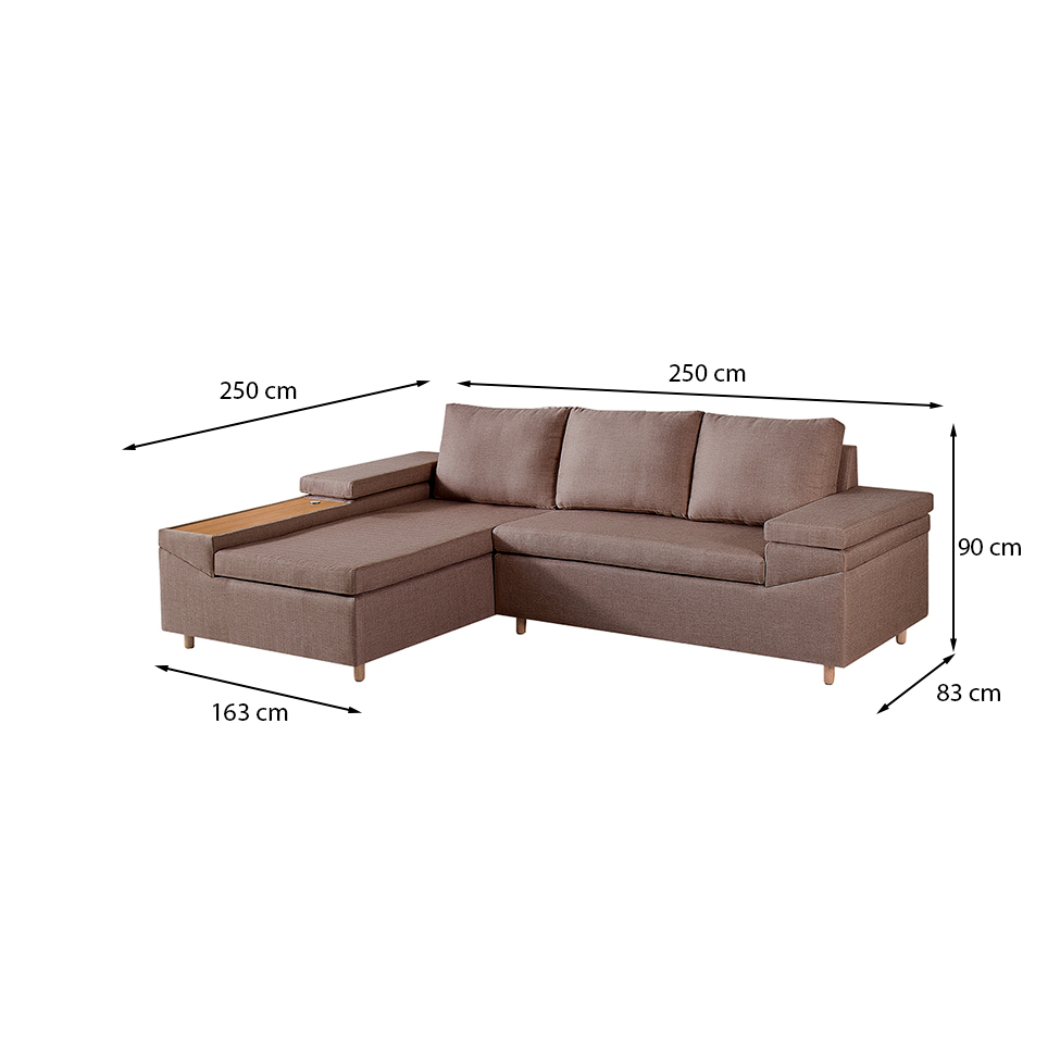 Sofá 4 Lugares Clássico com Chaise Esquerdo e Entrada USB Linho Marrom Médio