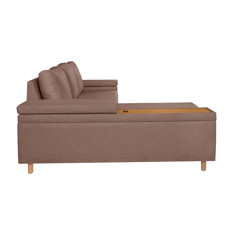 Sofá 4 Lugares Clássico com Chaise Esquerdo e Entrada USB Linho Marrom Médio