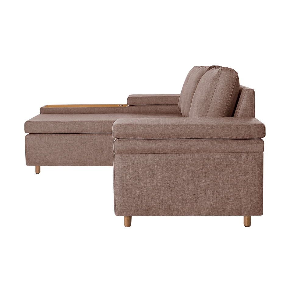 Sofá 4 Lugares Clássico com Chaise Esquerdo e Entrada USB Linho Marrom Médio