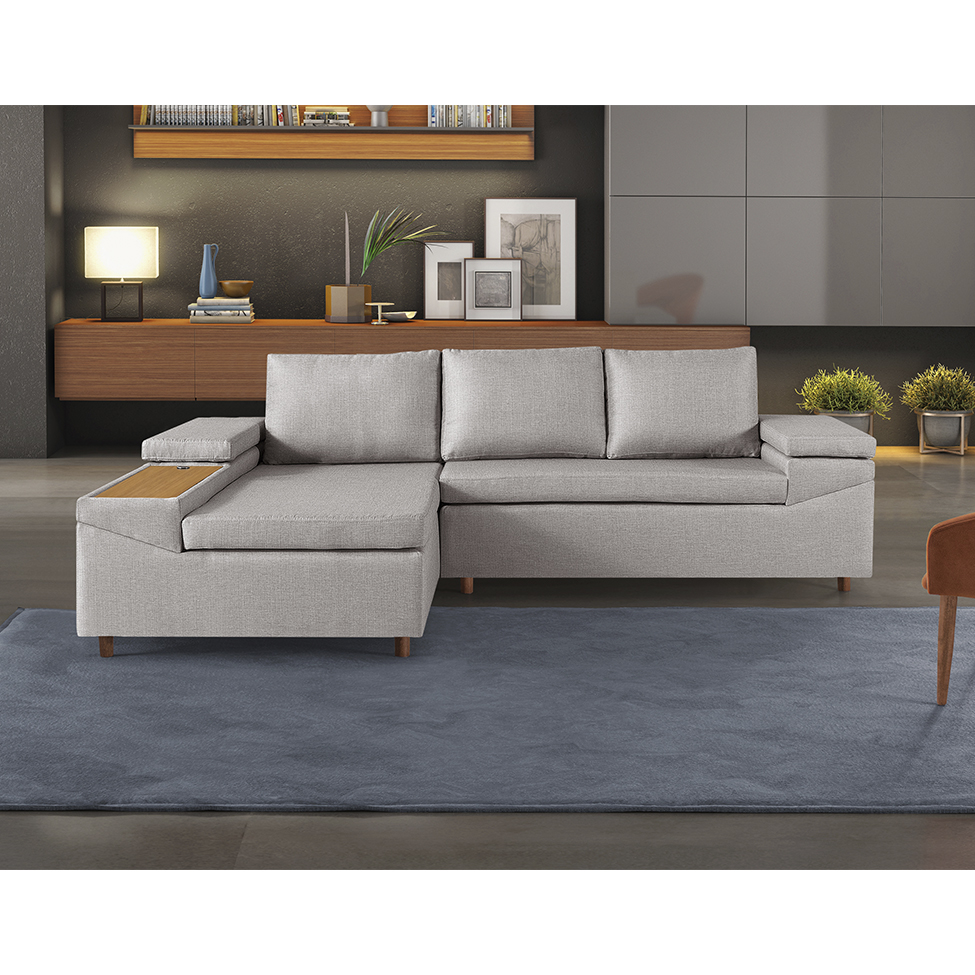 Sofá 4 Lugares Clássico com Chaise e Entrada USB Esquerdo Linho Palha