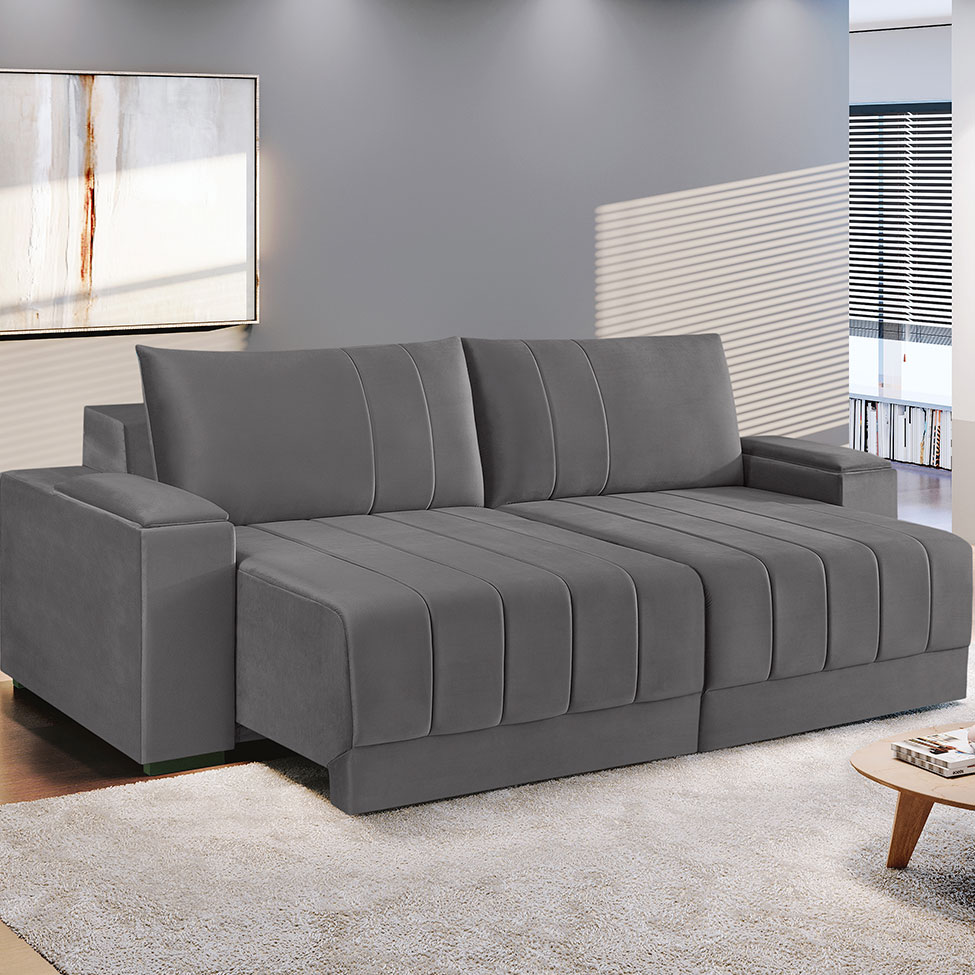 Sofá 4 Lugares Retrátil Línea Veludo Cinza 250cm