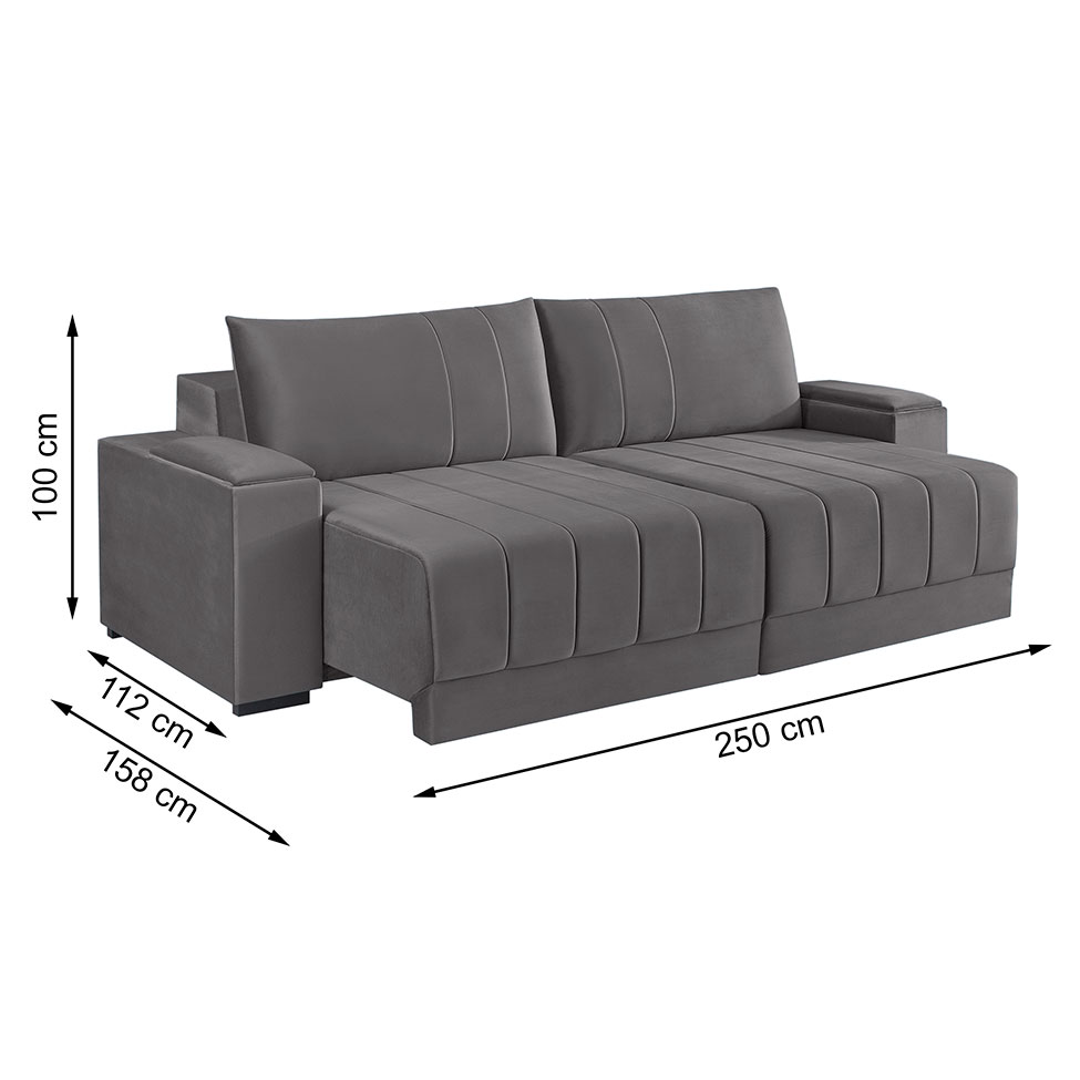 Sofá 4 Lugares Retrátil Línea Veludo Cinza 250cm