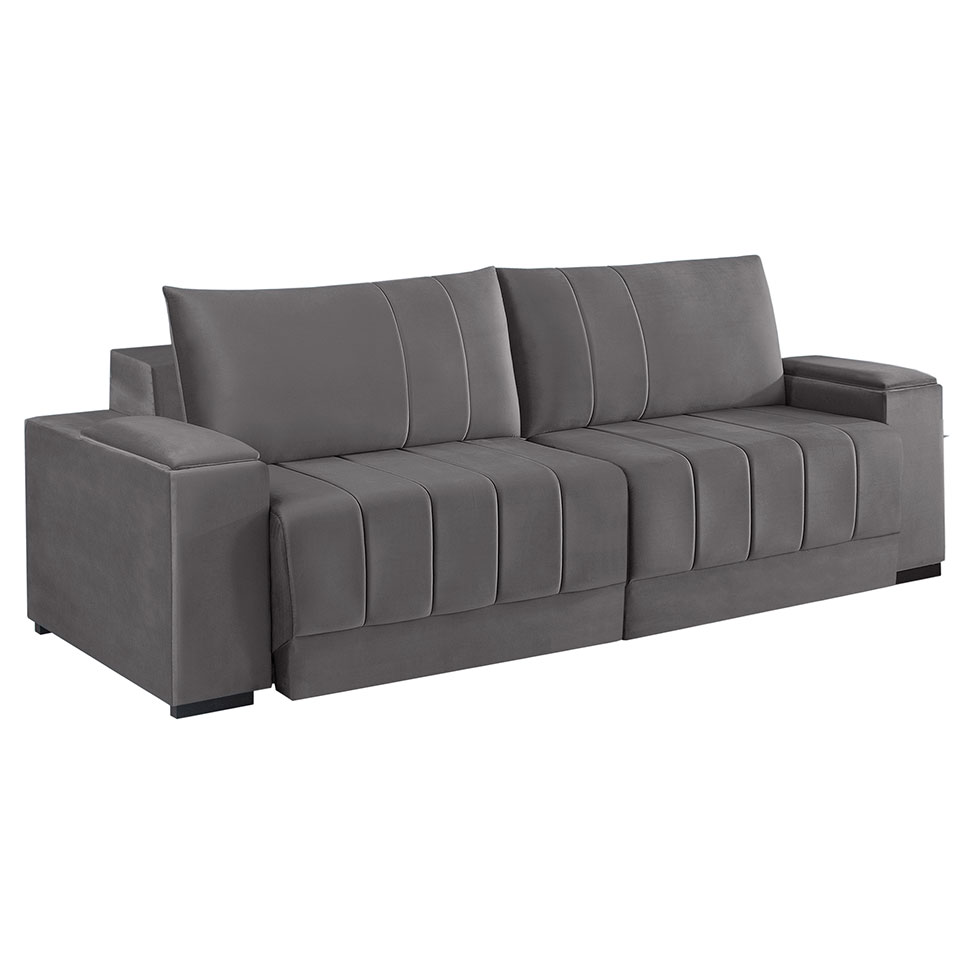 Sofá 4 Lugares Retrátil Línea Veludo Cinza 250cm