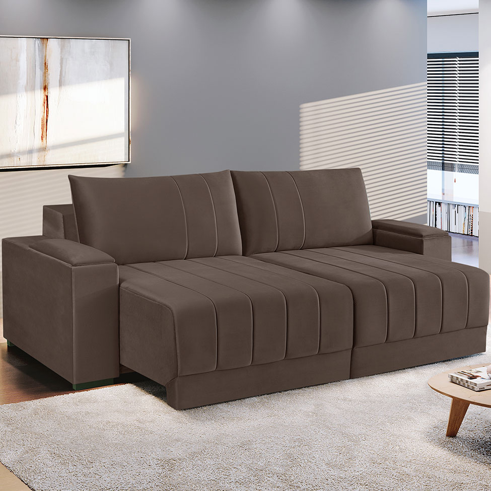 Sofá 4 Lugares Retrátil Línea Veludo Marrom 250cm