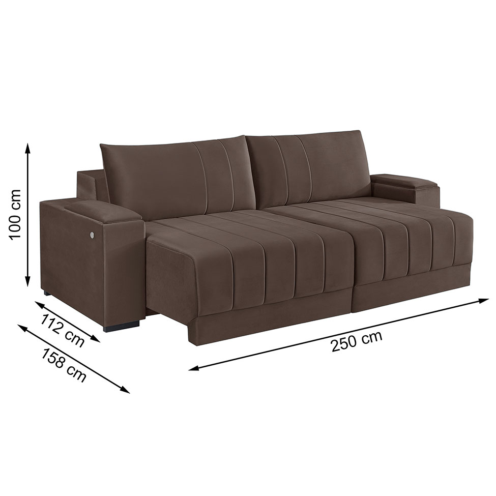 Sofá 4 Lugares Retrátil Línea com Kit USB Veludo Marrom 250cm