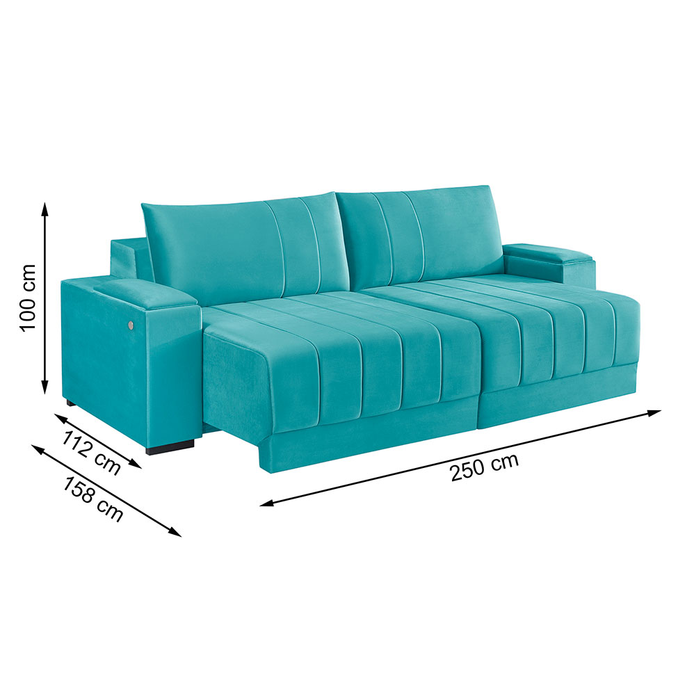 Sofá 4 Lugares Retrátil Línea com Kit USB Veludo Verde 250cm