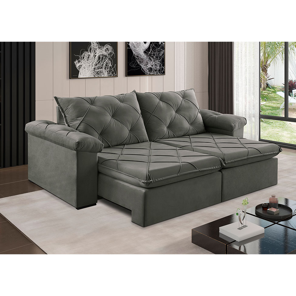 Sofá 4 Lugares Retrátil e Reclinável Astor Veludo Cinza