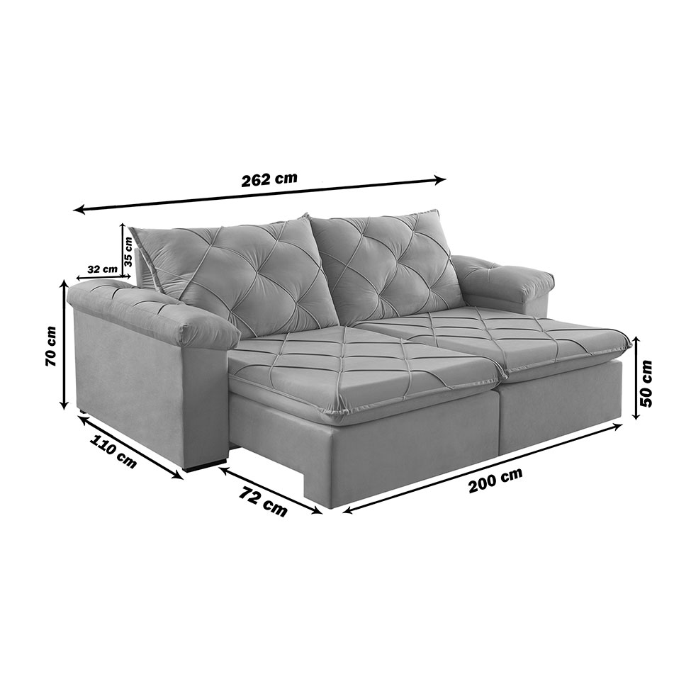Sofá 4 Lugares Retrátil e Reclinável Astor Veludo Cinza