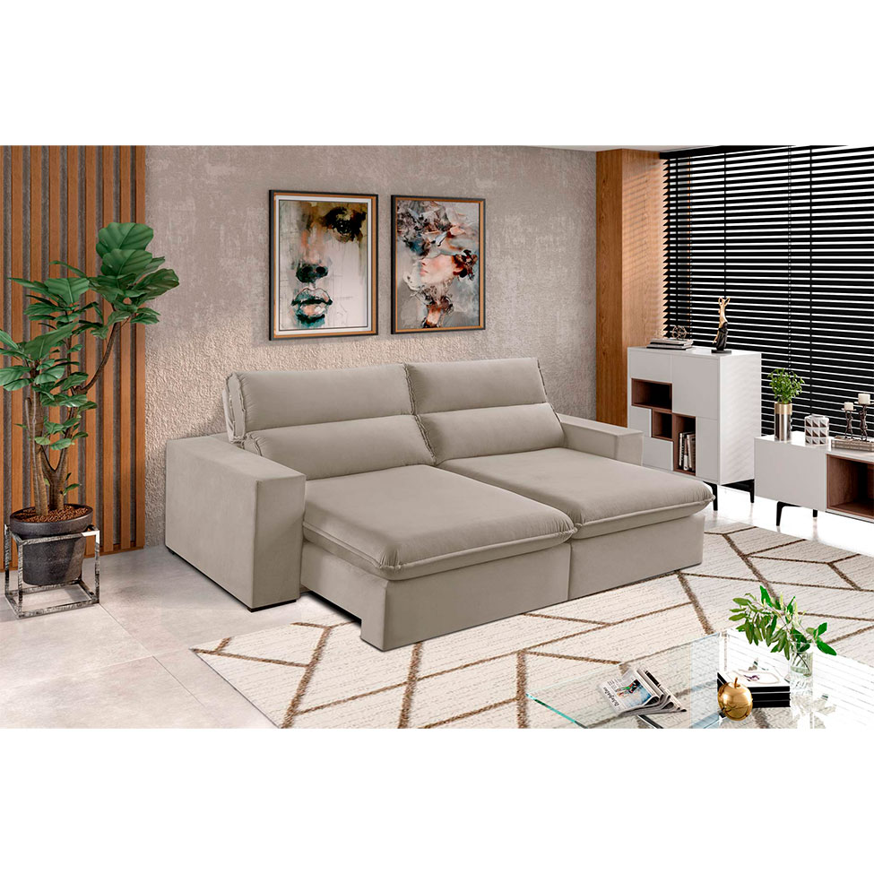 Sofá 4 Lugares Retrátil e Reclinável Free Veludo Bege 250 cm