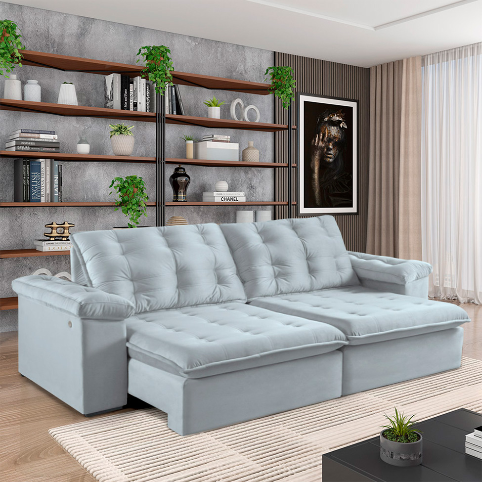 Sofá 4 Lugares Retrátil e Reclinável Itaguaí com USB Veludo Cinza 256 cm