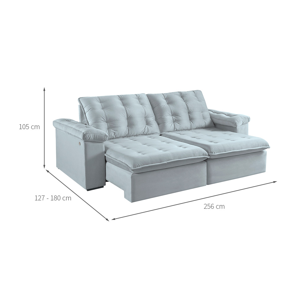 Sofá 4 Lugares Retrátil e Reclinável Itaguaí com USB Veludo Cinza 256 cm