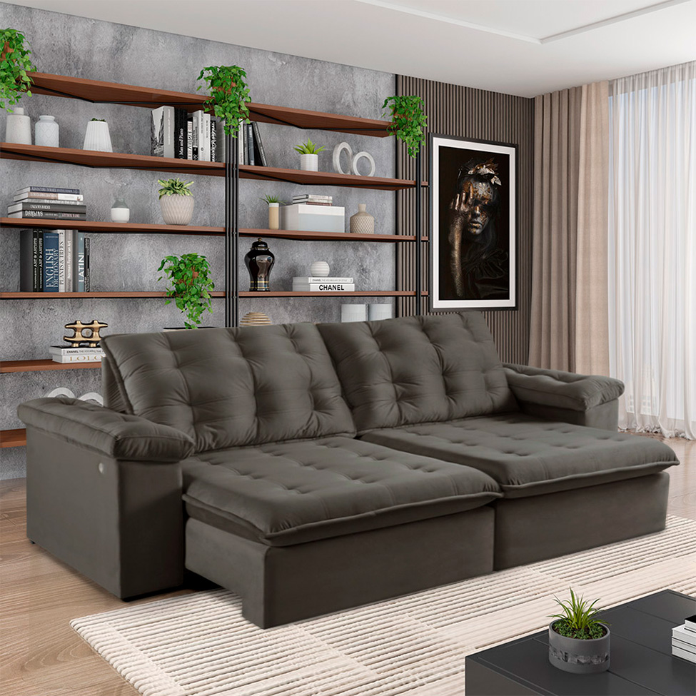 Sofá 4 Lugares Retrátil e Reclinável Itaguaí com USB Veludo Marrom 256 cm