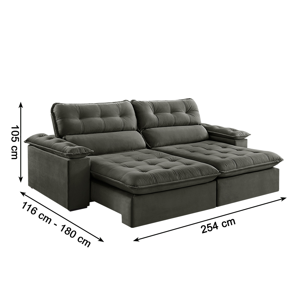 Sofá 4 Lugares Retrátil e Reclinável Jobi Veludo Cinza 254 cm