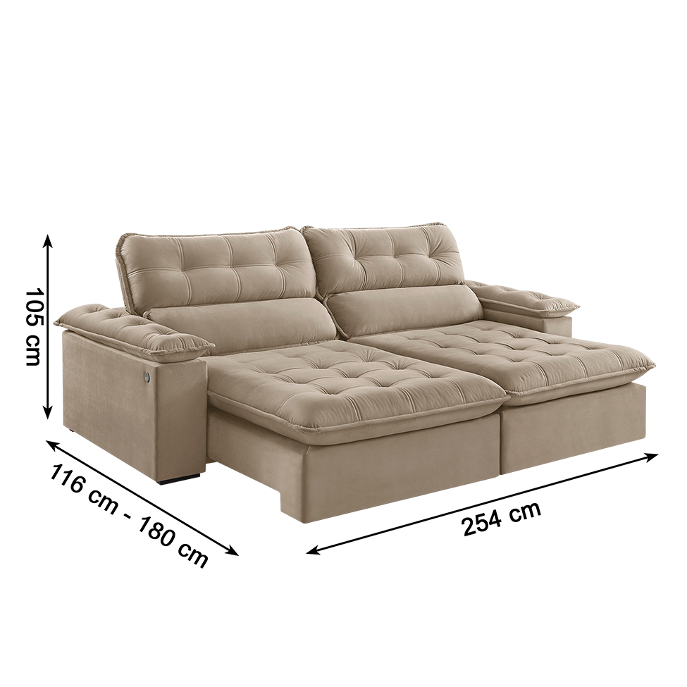 Sofá 4 Lugares Retrátil e Reclinável Jobi com USB Veludo Bege Natural 254 cm