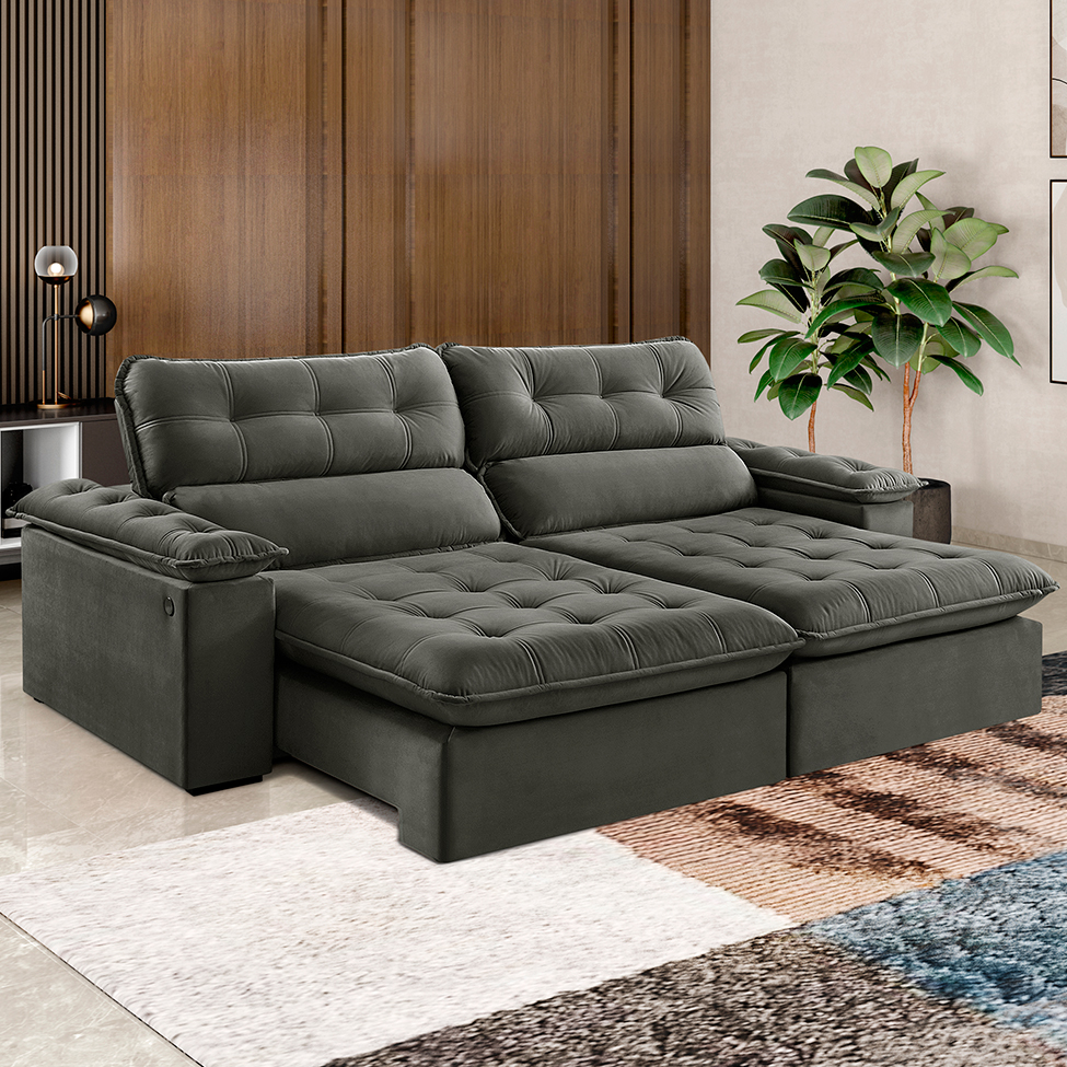 Sofá 4 Lugares Retrátil e Reclinável Jobi com USB Veludo Cinza 254 cm
