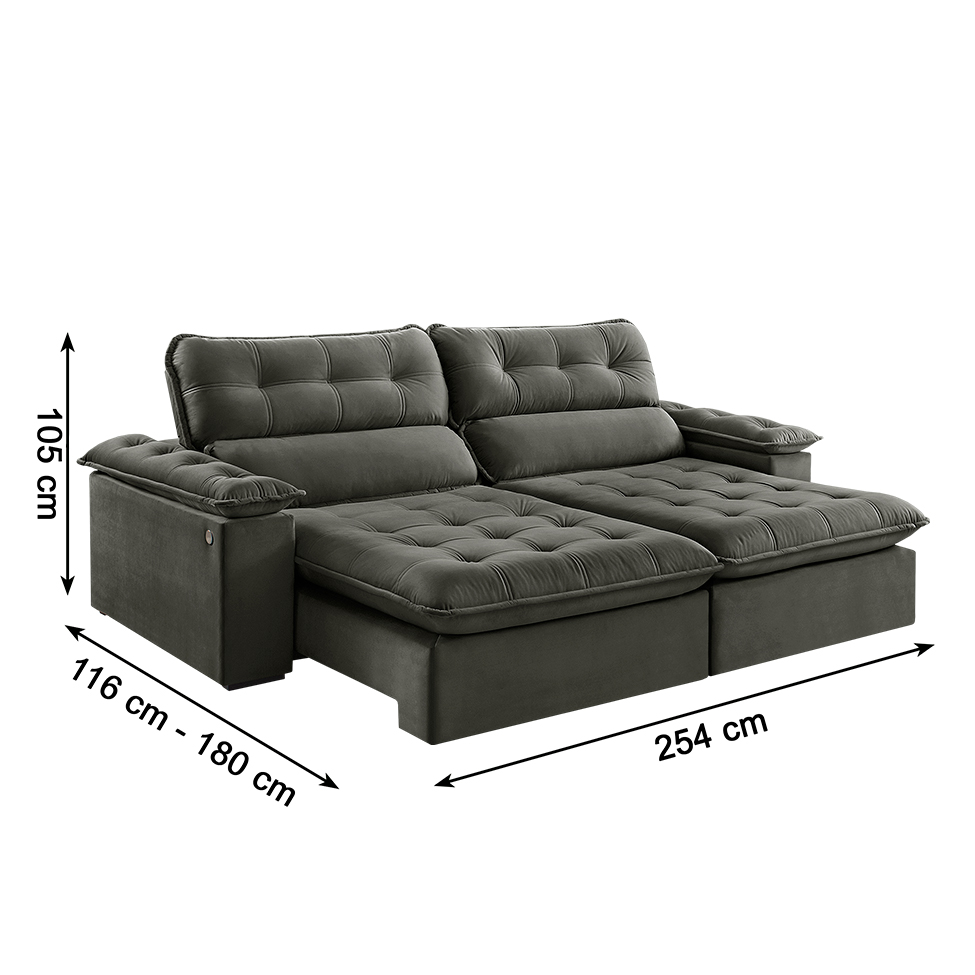 Sofá 4 Lugares Retrátil e Reclinável Jobi com USB Veludo Cinza 254 cm