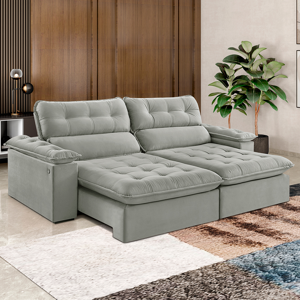 Sofá 4 Lugares Retrátil e Reclinável Jobi com USB Veludo Cinza Prateado 254 cm