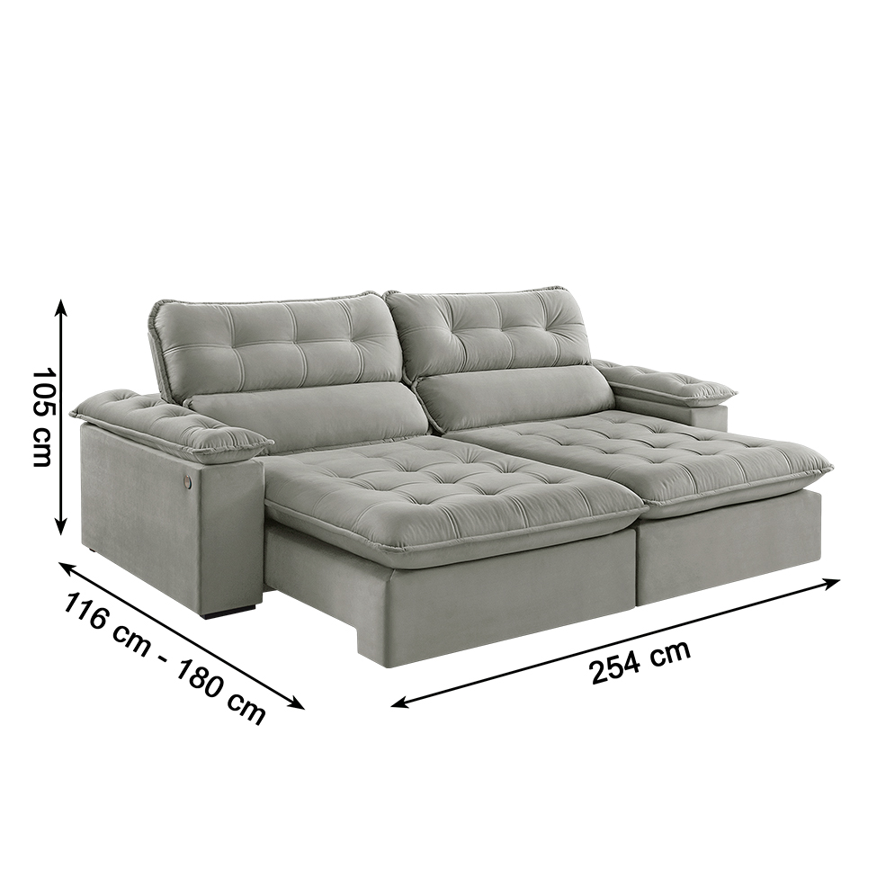 Sofá 4 Lugares Retrátil e Reclinável Jobi com USB Veludo Cinza Prateado 254 cm