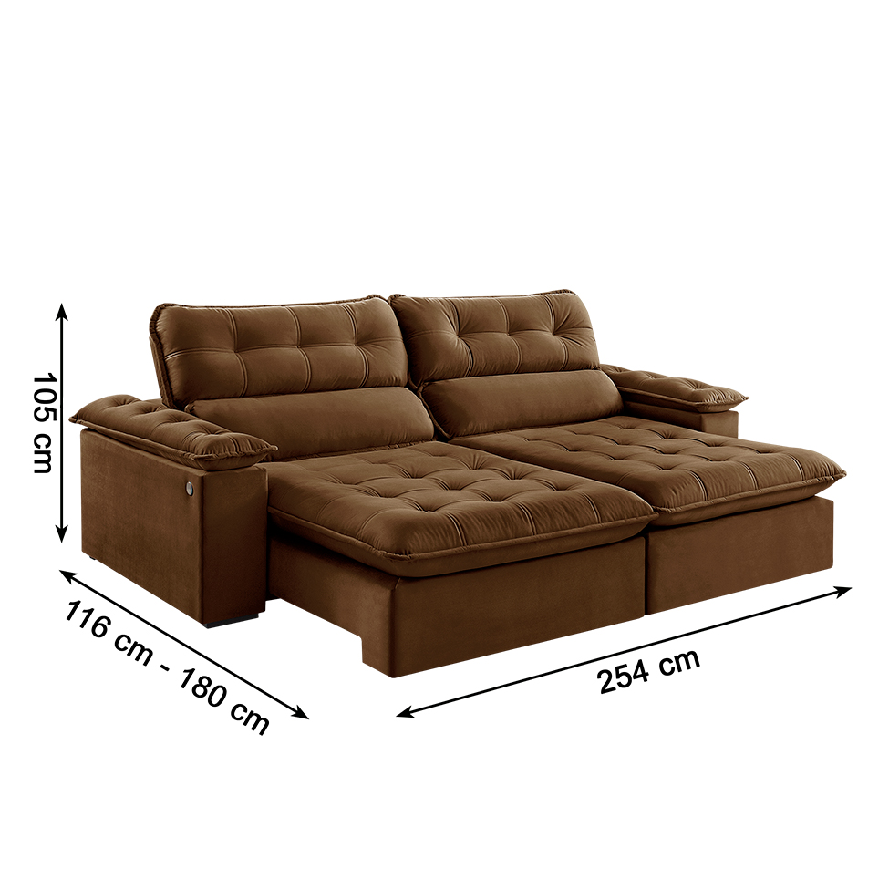 Sofá 4 Lugares Retrátil e Reclinável Jobi com USB Veludo Marrom 254 cm