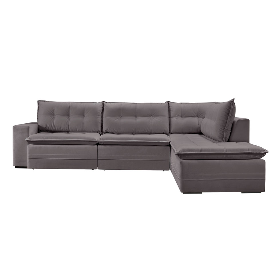 Sofá 5 Lugares Presidente com Chaise Direito Veludo Cinza 296 cm