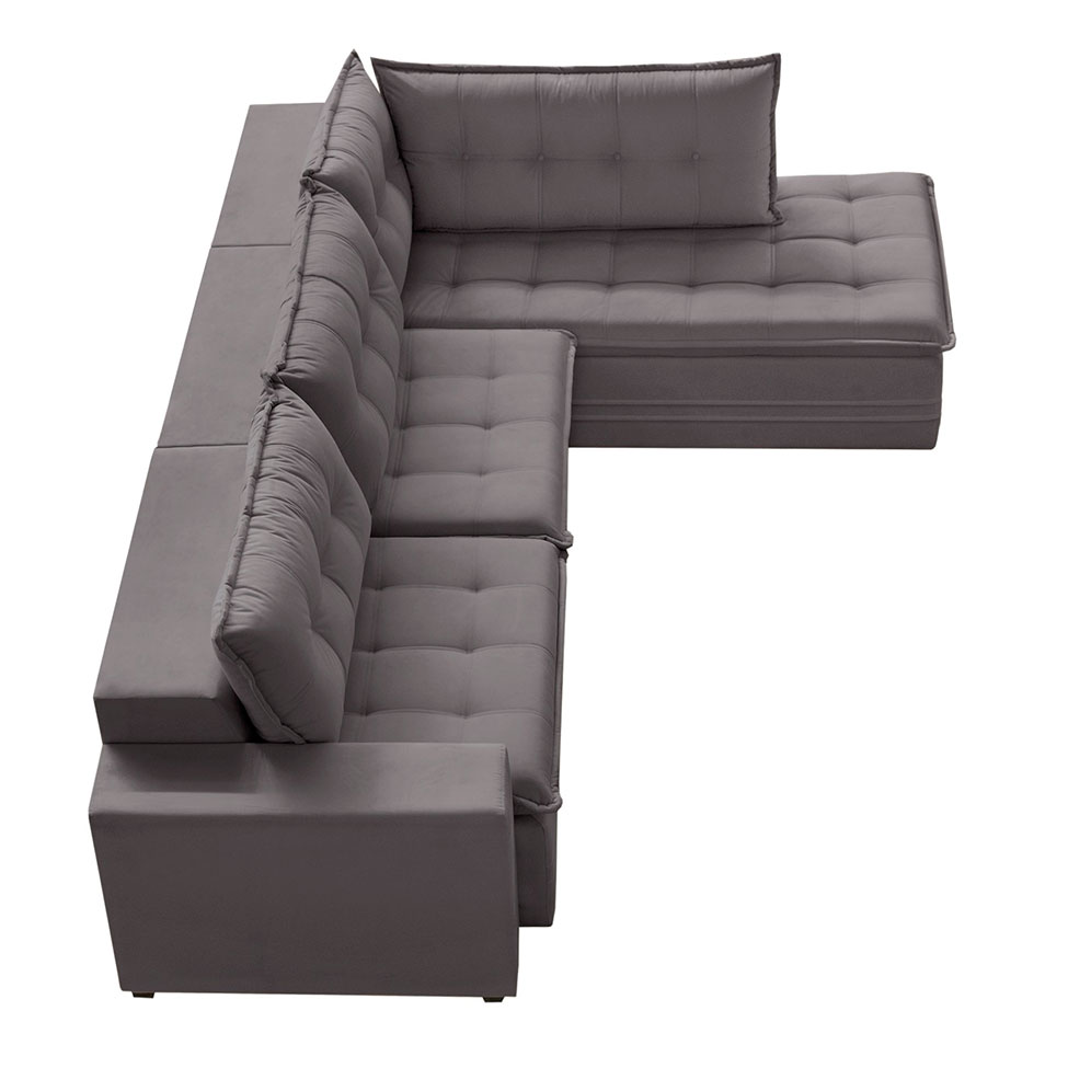 Sofá 5 Lugares Presidente com Chaise Direito Veludo Cinza 296 cm